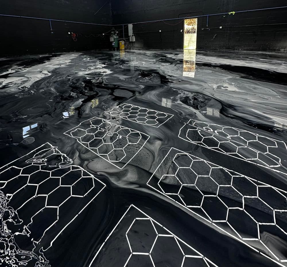 Black and white abstract art on a glossy floor with honeycomb patterns.